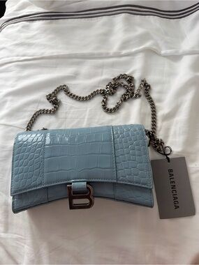 Balenciaga Blue Croc-Embossed Leather Chain Shoulder Bag hourglass